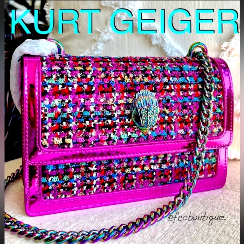 New Kurt Geiger Shoreditch Small Tweed + Liquid Metallic Leather Pink Iridescent